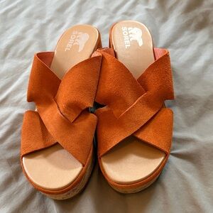 Sorel Orange Suede Platform Crossover Slide Mules